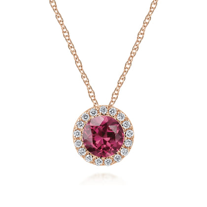 14k Rose Gold Round Cut Diamond Halo  Pink Tourmaline Pendant Necklace
