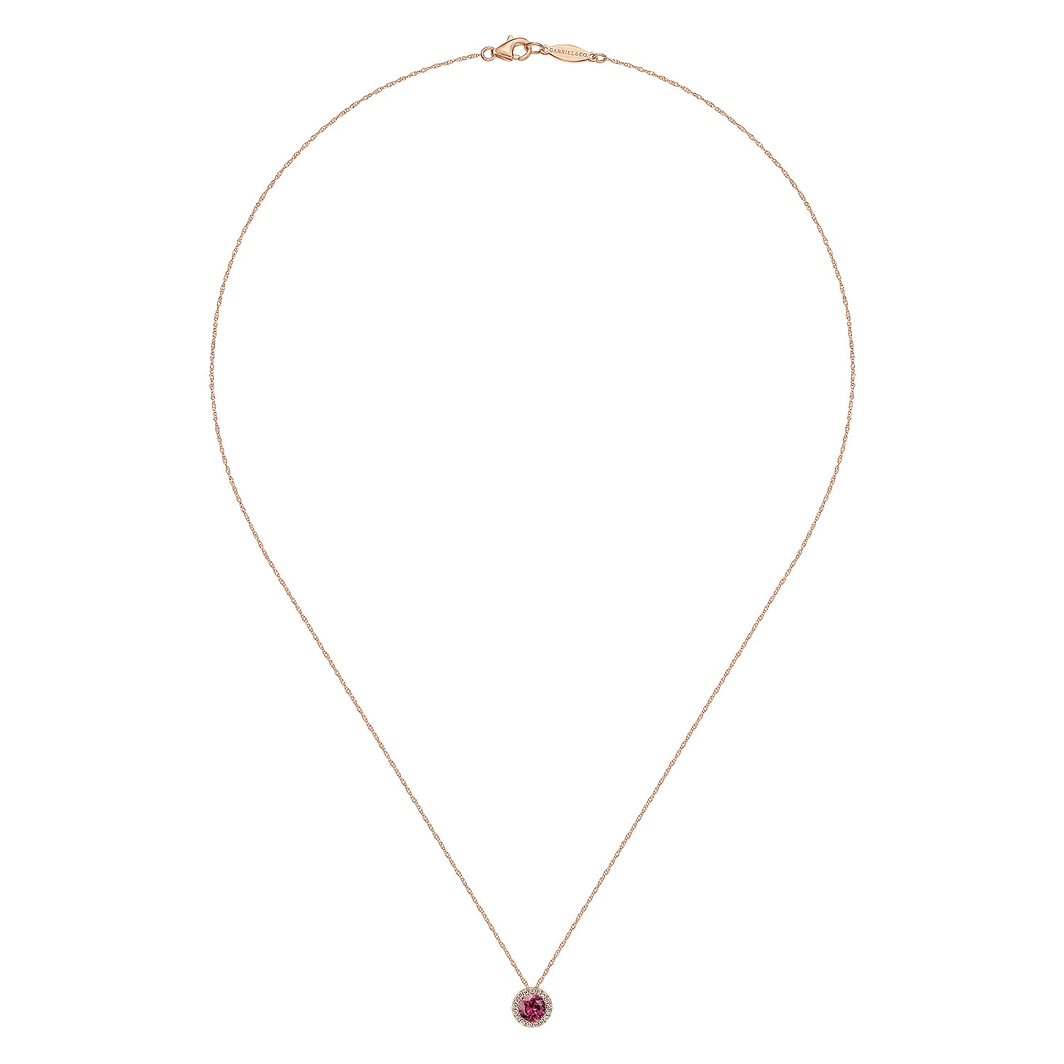 14k Rose Gold Round Cut Diamond Halo  Pink Tourmaline Pendant Necklace