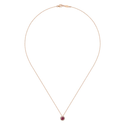 14k Rose Gold Round Cut Diamond Halo  Pink Tourmaline Pendant Necklace