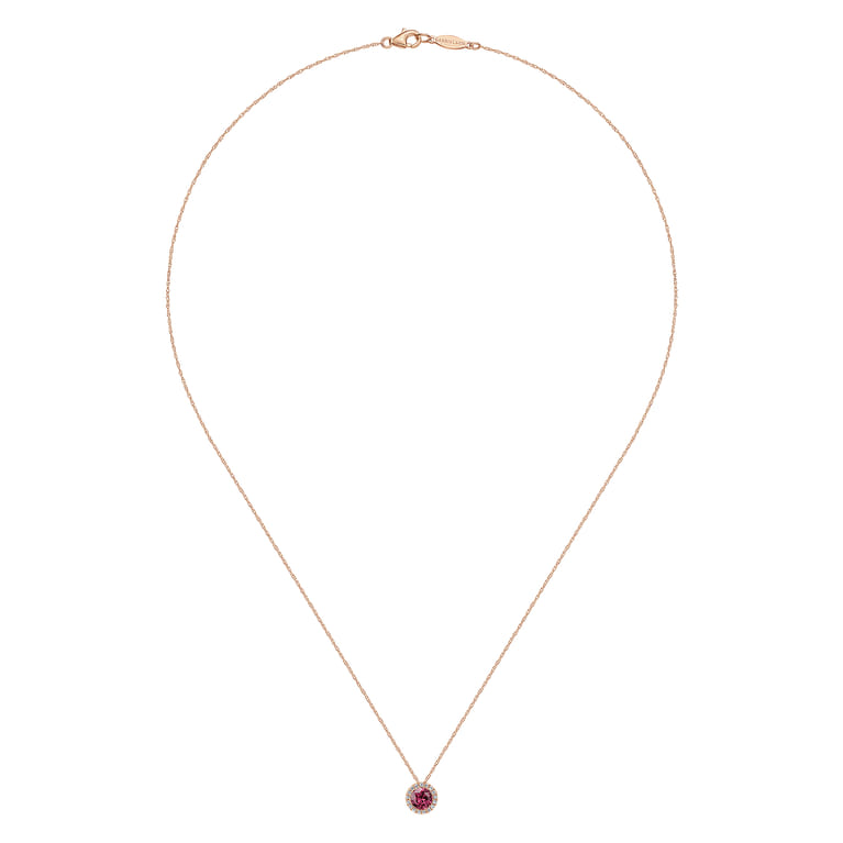 14k Rose Gold Round Cut Diamond Halo  Pink Tourmaline Pendant Necklace - 0.06 ct - Shot 2