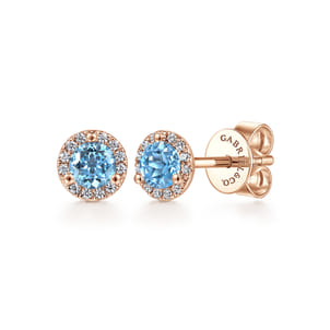 14k Rose Gold Round Cut Diamond Halo  Swiss Blue Topaz Stud Earrings