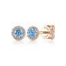 14k Rose Gold Round Cut Diamond Halo  Swiss Blue Topaz Stud Earrings - 0.09 ct