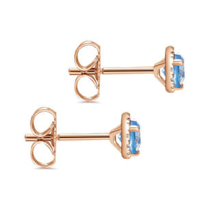 14k Rose Gold Round Cut Diamond Halo  Swiss Blue Topaz Stud Earrings