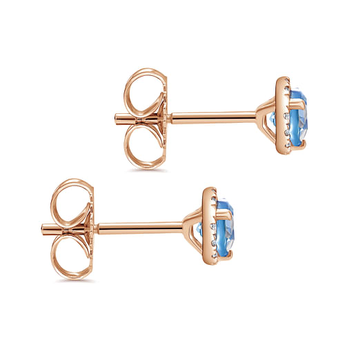 14k Rose Gold Round Cut Diamond Halo   Swiss Blue Topaz Stud Earrings - 0.09 ct - Shot 3
