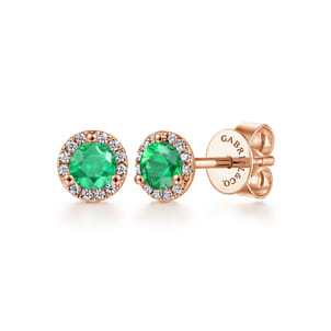 14k Rose Gold Round Diamond Halo  Emerald Stud Earrings