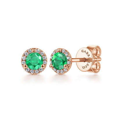 14k Rose Gold Round Diamond Halo  Emerald Stud Earrings