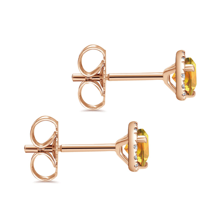 14k Rose Gold Round Halo Citrine and Diamond Stud Earrings