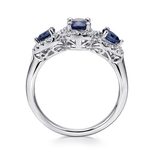 14k White Gold 3 Stone Sapphire and Pave Diamond Halo Ring - 0.25 ct - Shot 2