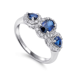 14k White Gold 3 Stone Sapphire and Pave Diamond Halo Ring
