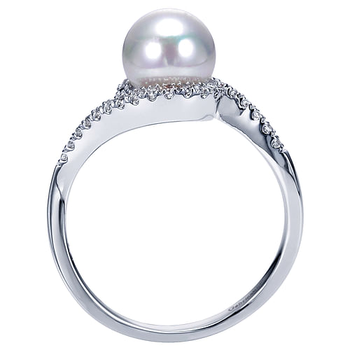14k White Gold Cultured Pearl Diamond Bypass Ring - 0.2 ct - Shot 2