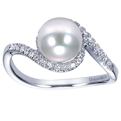 14k White Gold Cultured Pearl Diamond Bypass Ring - 0.2 ct - Shot 4