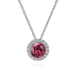 14k White Gold Diamond Halo & Pink Tourmaline Pendant Necklace
