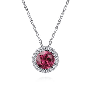 14k White Gold Diamond Halo  Pink Tourmaline Pendant Necklace