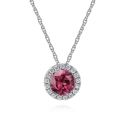 14k White Gold Diamond Halo  Pink Tourmaline Pendant Necklace