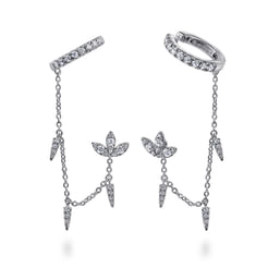 14k White Gold Diamond Lotus Single Stud With Chain Drop And Diamond Ear Cuff