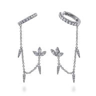 14k White Gold Diamond Lotus Single Stud With Chain Drop And Diamond Ear Cuff