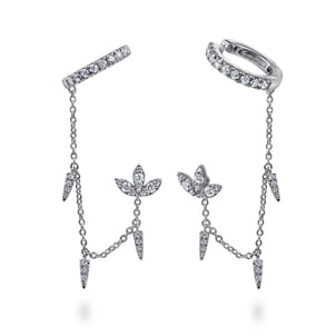 14k White Gold Diamond Lotus Single Stud With Chain Drop And Diamond Ear Cuff