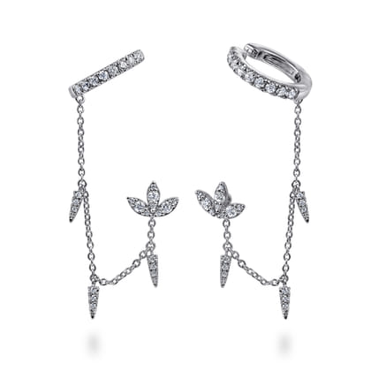 14k White Gold Diamond Lotus Single Stud With Chain Drop And Diamond Ear Cuff