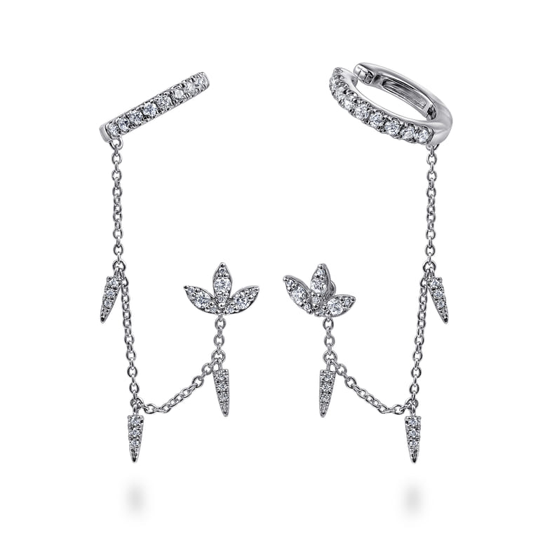 14k White Gold Diamond Lotus Single Stud With Chain Drop And Diamond Ear Cuff - 0.8 ct - Shot 1