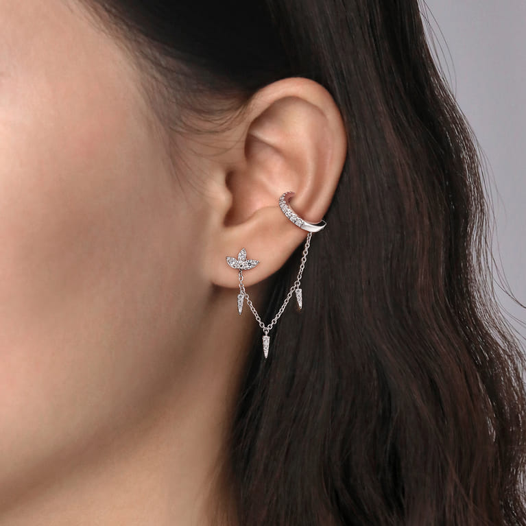 14k White Gold Diamond Lotus Single Stud With Chain Drop And Diamond Ear Cuff - 0.8 ct - Shot 2