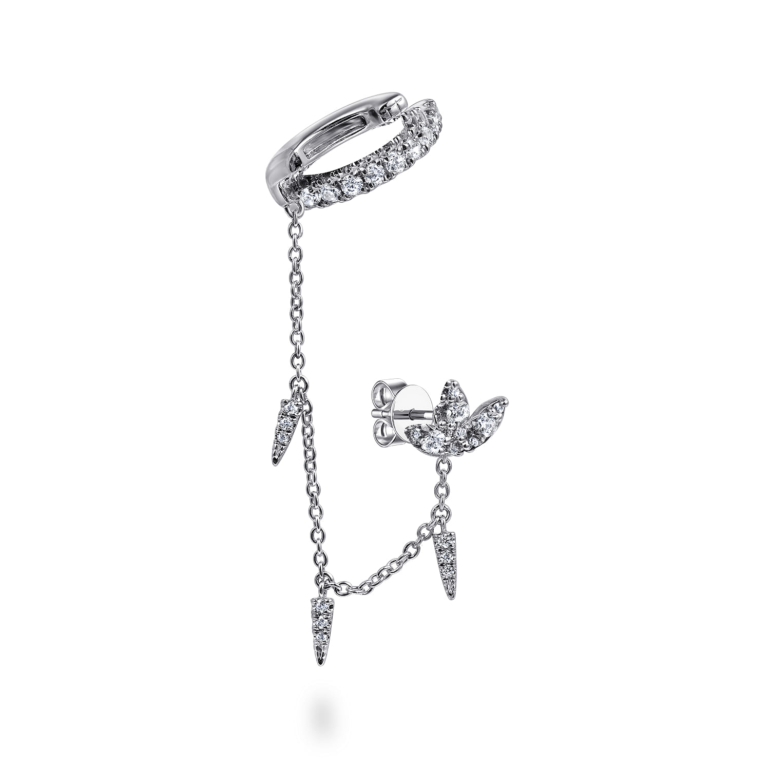14k White Gold Diamond Lotus Stud With Chain Drop And Diamond Single Ear Cuff - 0.4 ct - Shot 1