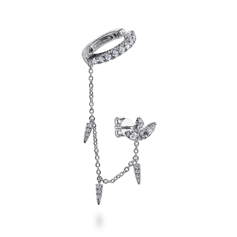 14k White Gold Diamond Lotus Stud With Chain Drop And Diamond Single Ear Cuff - 0.4 ct - Shot 1
