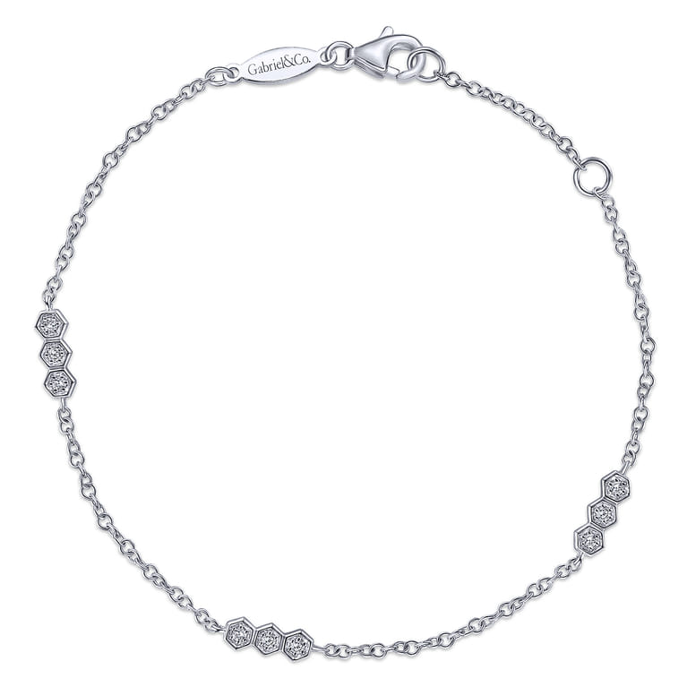 14k White Gold Hexagonal Diamond Stations Tennis Bracelet - 0.09 ct - Shot 1