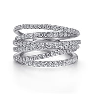 14k White Gold Layered Criss Crossing Wide Band Diamond Ring