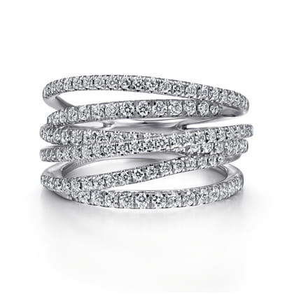 14k White Gold Layered Criss Crossing Wide Band Diamond Ring