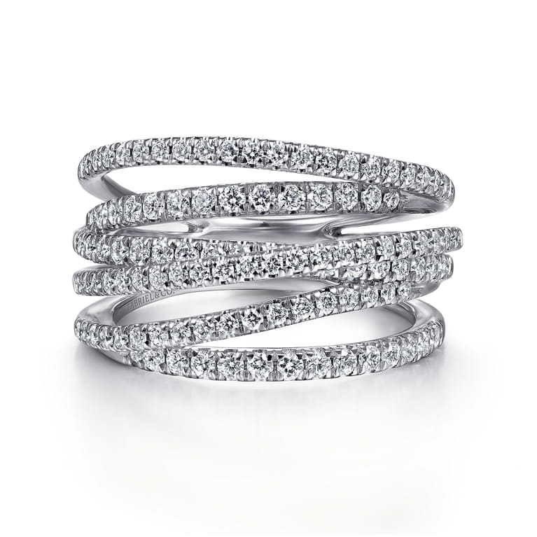 14k White Gold Layered Criss Crossing Wide Band Diamond Ring - 1 ct - Shot 1