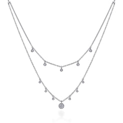 14k White Gold Layered Diamond Charm Drop Necklace