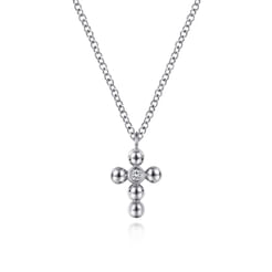 14k White Gold Orb Diamond Cross Necklace