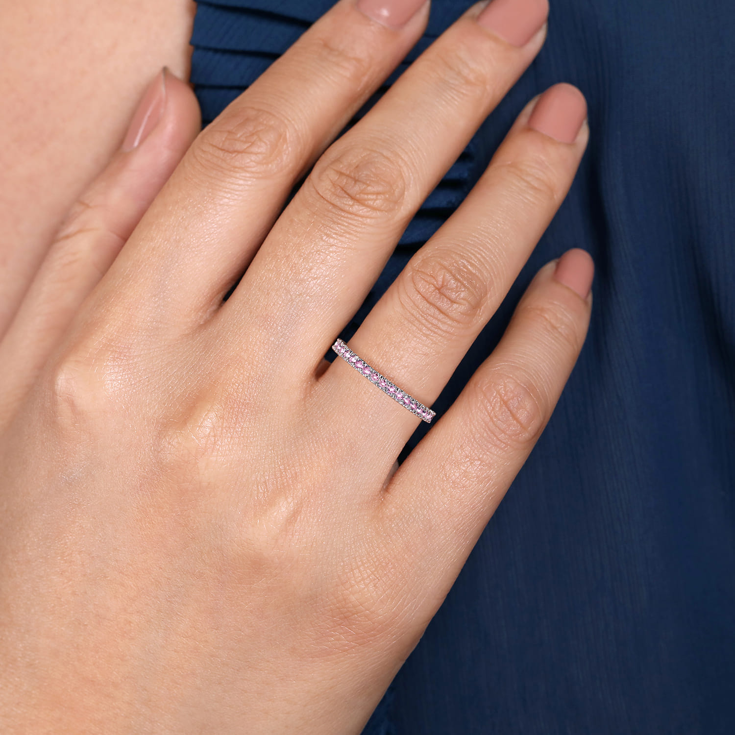 14k White Gold Pink Sapphire Stackable Ring - Shot 5