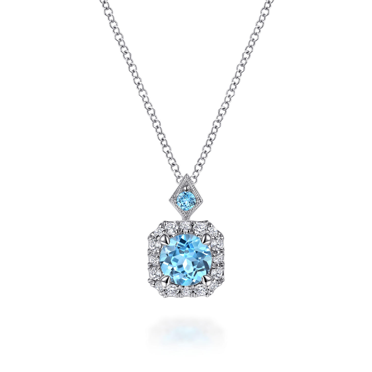 14k White Gold Round Swiss Blue Topaz Diamond Halo Pendant Necklace - 0.22 ct - Shot 1