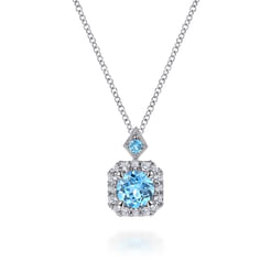 14k White Gold Round Swiss Blue Topaz Diamond Halo Pendant Necklace