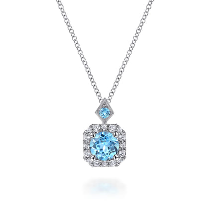 14k White Gold Round Swiss Blue Topaz Diamond Halo Pendant Necklace