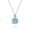 14k White Gold Round Swiss Blue Topaz Diamond Halo Pendant Necklace - 0.22 ct