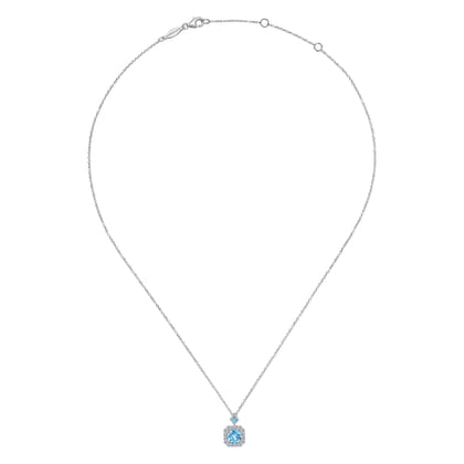 14k White Gold Round Swiss Blue Topaz Diamond Halo Pendant Necklace