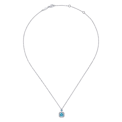 14k White Gold Round Swiss Blue Topaz Diamond Halo Pendant Necklace - 0.22 ct - Shot 2