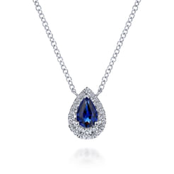 14k White Gold Sapphire Diamond Halo Teardrop Pendant Necklace