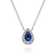 14k White Gold Sapphire Diamond Halo Teardrop Pendant Necklace