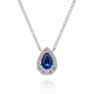 14k White Gold Sapphire Diamond Halo Teardrop Pendant Necklace