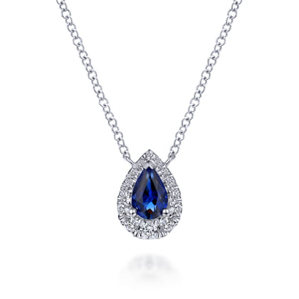 14k White Gold Sapphire Diamond Halo Teardrop Pendant Necklace
