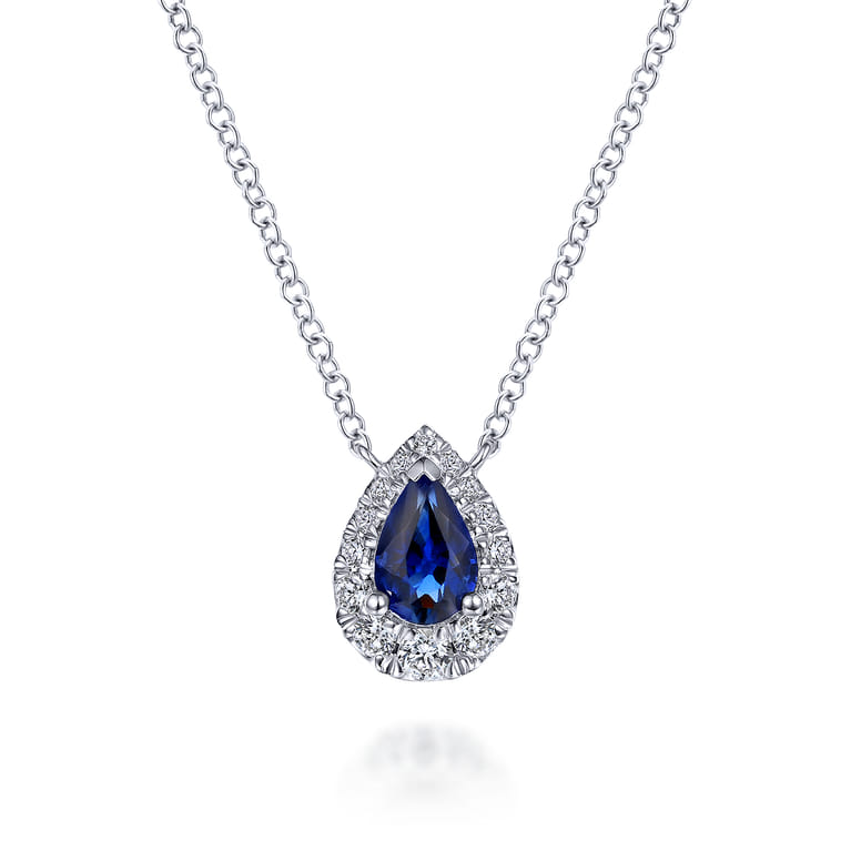 14k White Gold Sapphire Diamond Halo Teardrop Pendant Necklace - 0.16 ct - Shot 1