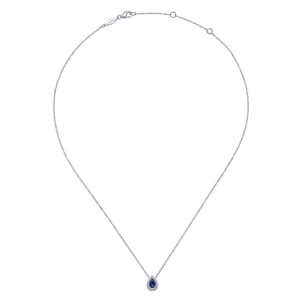 14k White Gold Sapphire Diamond Halo Teardrop Pendant Necklace
