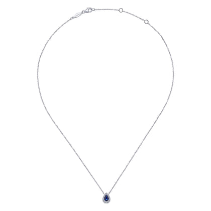 14k White Gold Sapphire Diamond Halo Teardrop Pendant Necklace