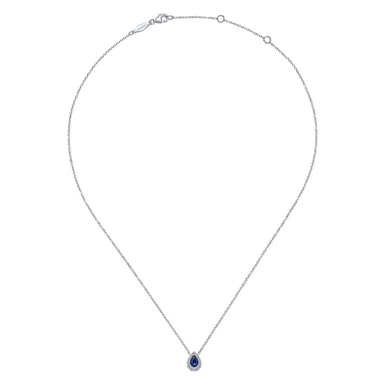 14k White Gold Sapphire Diamond Halo Teardrop Pendant Necklace - 0.16 ct - Shot 2