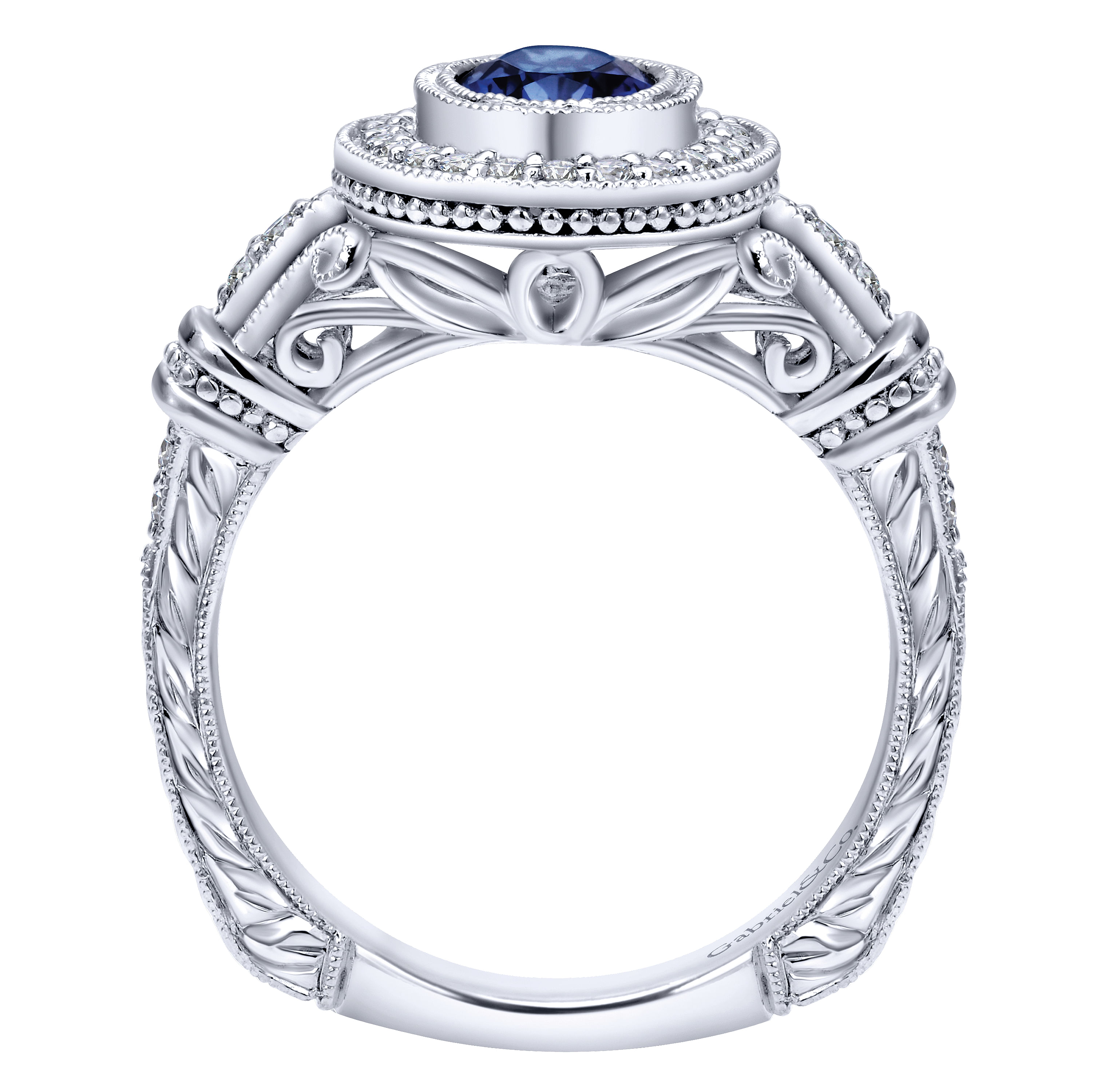 14k White Gold Vintage Inspired Classic Oval Sapphire and Diamond Halo Ring - 0.2 ct - Shot 2