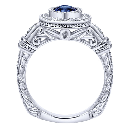 14k White Gold Vintage Inspired Classic Oval Sapphire and Diamond Halo Ring - 0.2 ct - Shot 2