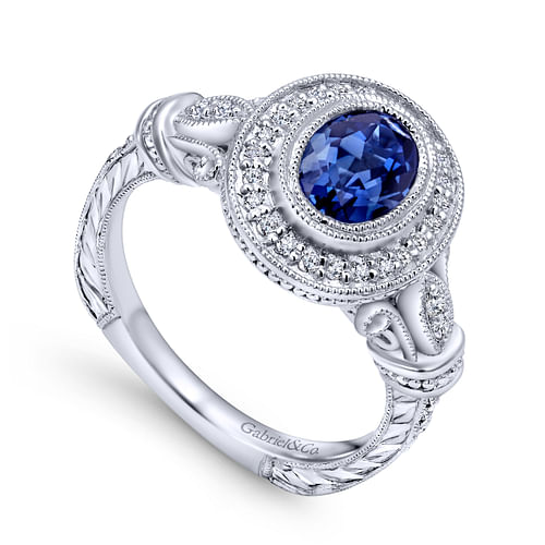 14k White Gold Vintage Inspired Classic Oval Sapphire and Diamond Halo Ring - 0.2 ct - Shot 3